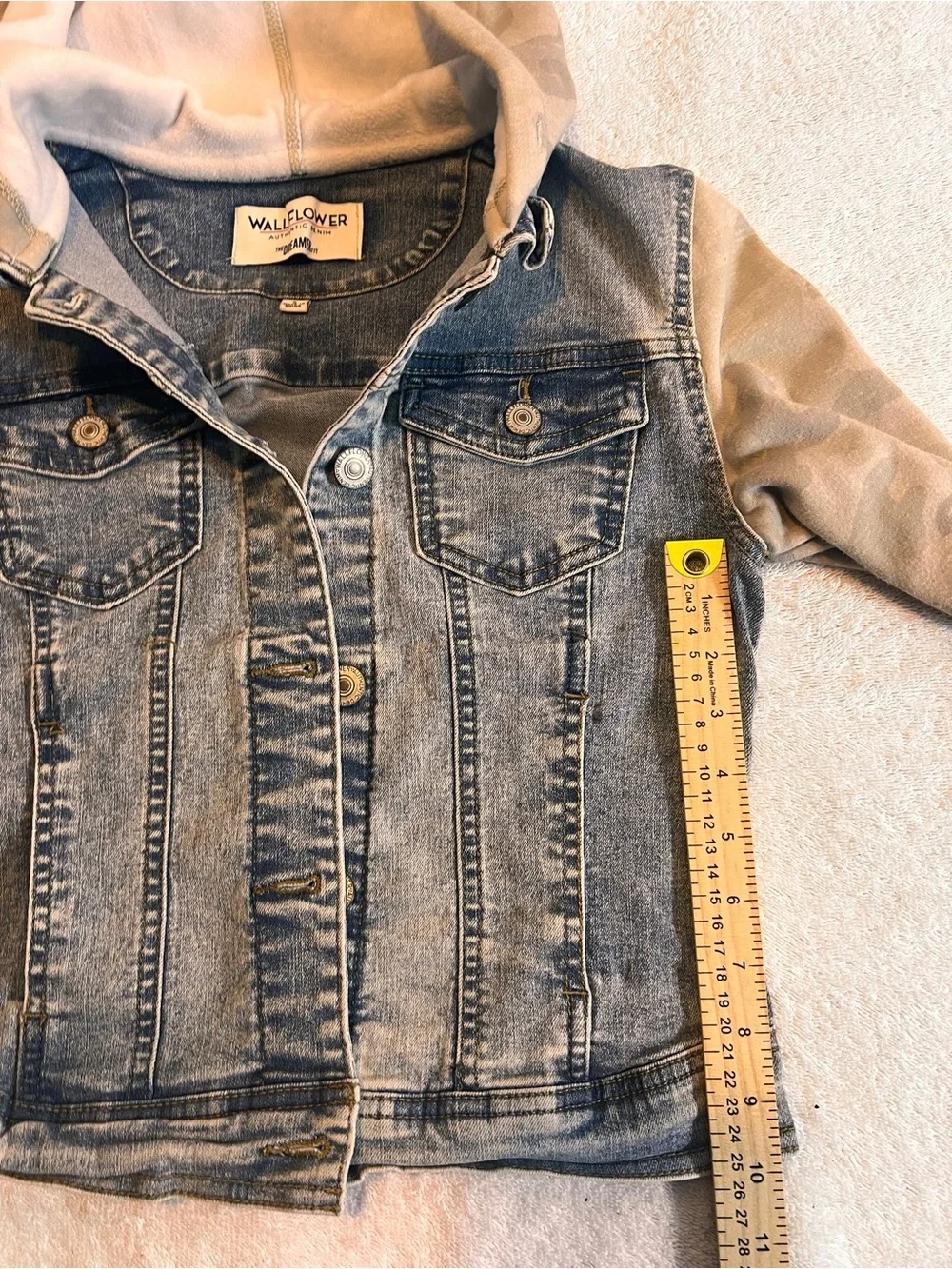 Wallflower Girls' Denim Jacket with Tan Camo Hood & Sleeves SIZE SMALL